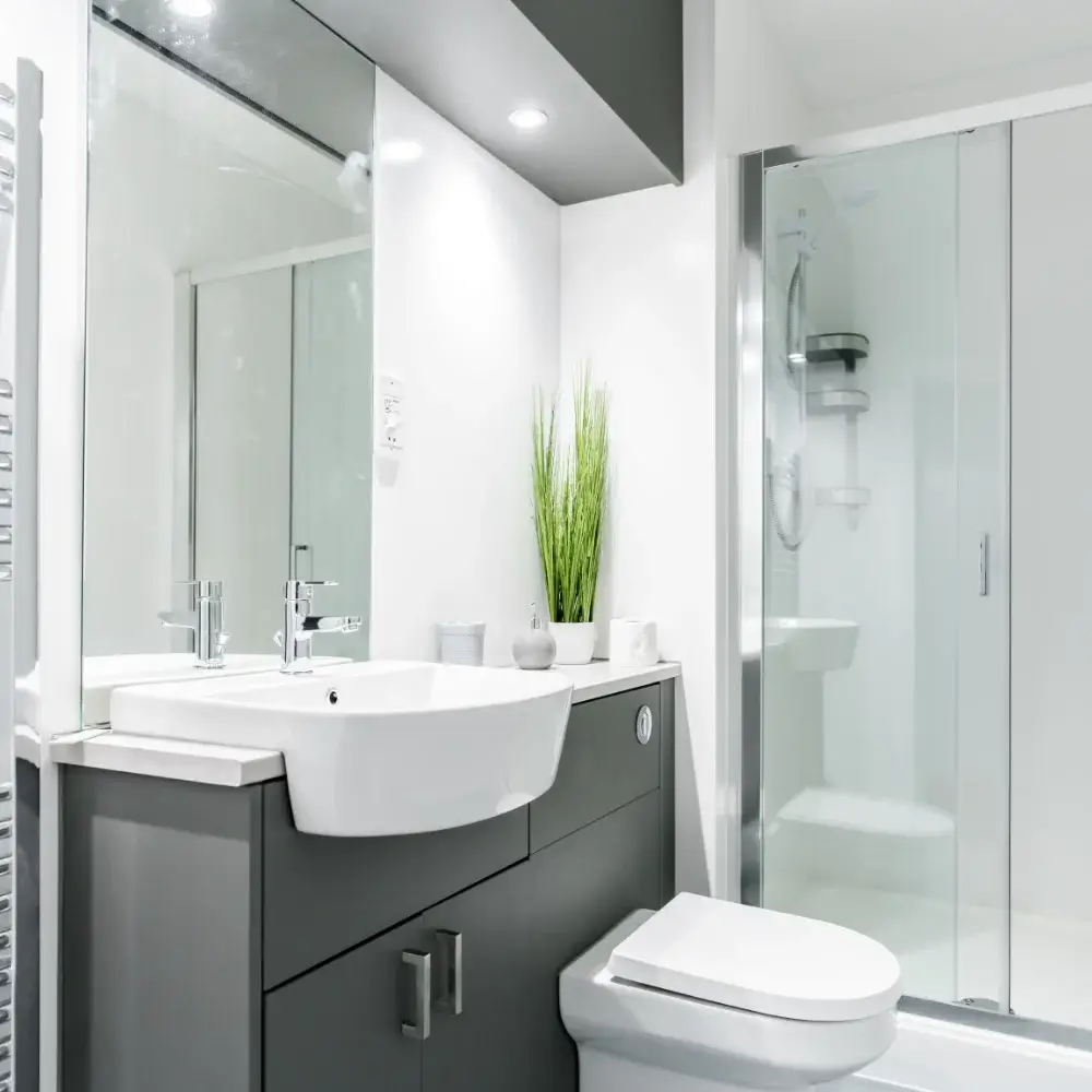 Modern white and grey bathroom with vanity unit, toilet, glass shower enclosure, mirror, and green plant